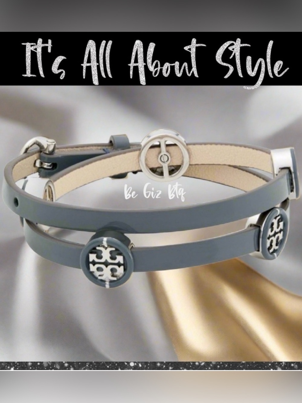 🆕Tory Burch Authentic Miller Silver & Leather Blue Enamel Double Wrap Bracelet
